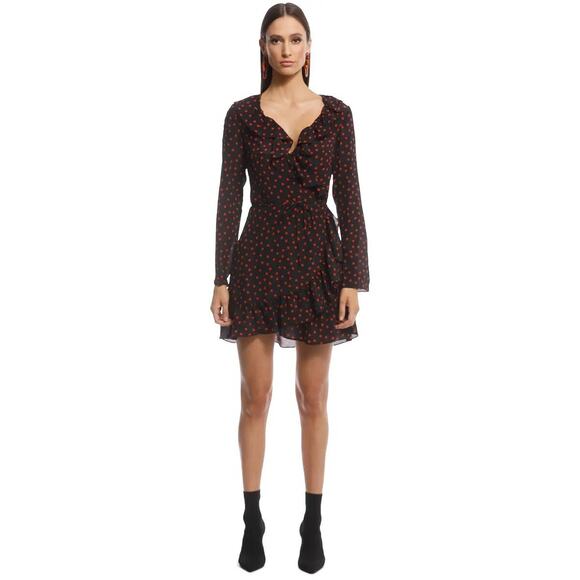 Réalisation Par Alexandra Black Silk Wrap Mini Dress Ruffle Hem Medium Polka Dot - Picture 12 of 12